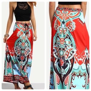 Red Tribal Print Waist Maxi Skirt